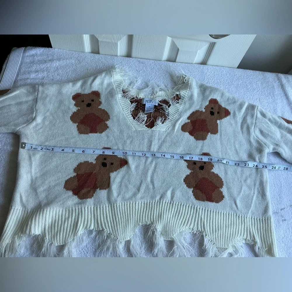 Just Polly NY Teddy Bear Sweater Women's Medium V-Neck Fray Frilly Knit